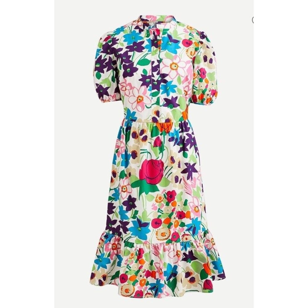 J. Crew Colorful Floral Midi Dress Size 8 100% Cotton Puff Sleeve Tiered Artsy